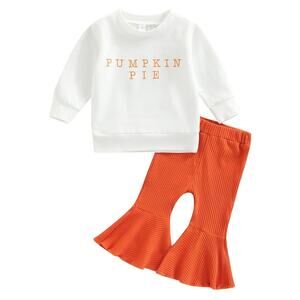 Newborn 6 Months Baby Girl 2pc Outfit Set Pumpkin Pie Sweatshirt Flared Pants